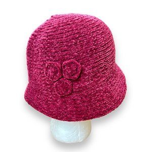 Trixie Maroon chenille Bucket Hat with Flowers appliqué 40s retro Vintage knit